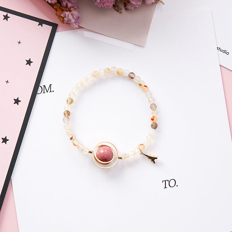 Women's Sweet Simple Hollow Geometric Round Crystal Beaded Bracelet With Tower Charm