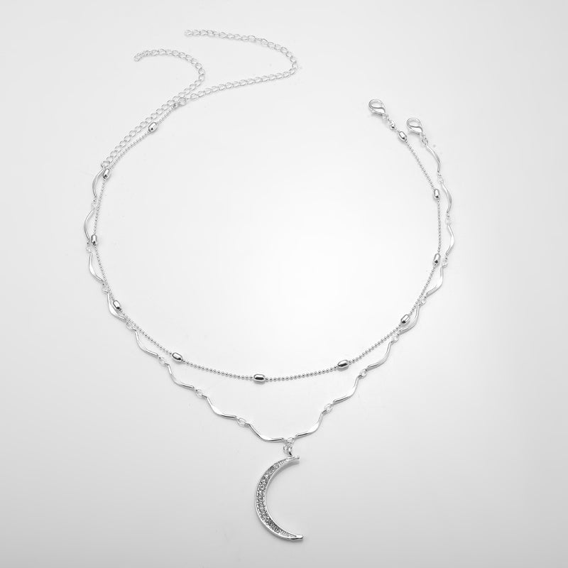 Double Chain Crystal Moon Choker Pendant Women