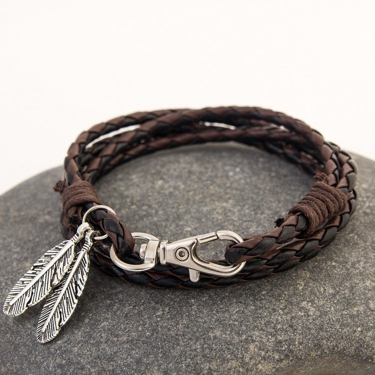 Double Feather Pendant Leather Charm Friendship Bracelets & Bangles