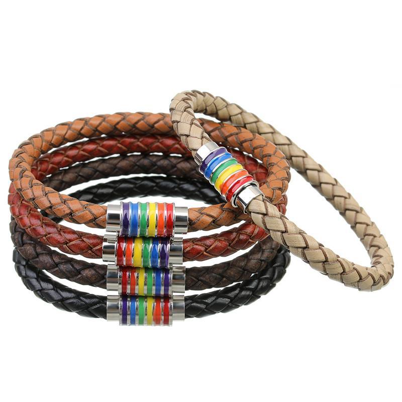 Elegant Magnetic Titanium Steel Rainbow Drop Leather Bracelet