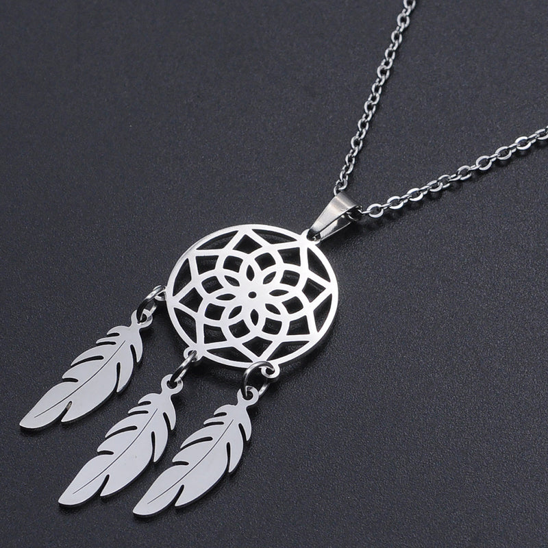Openwork Dream Catcher Tassel Feather Pendant Titanium Steel Fine Chain Necklace