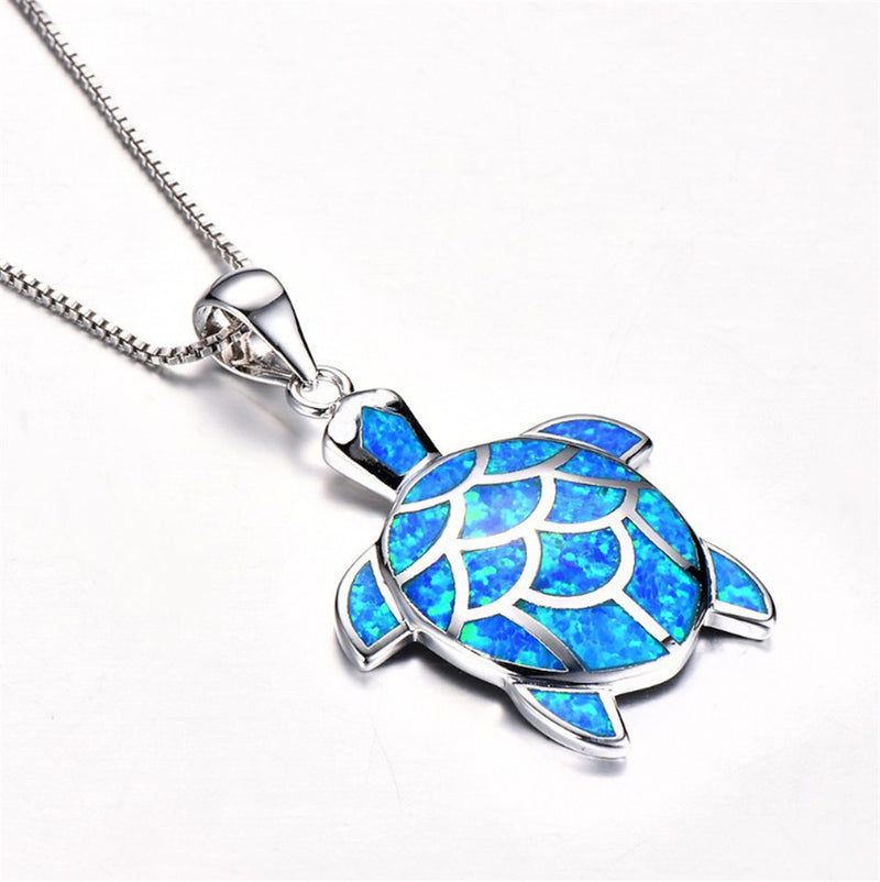 Blue opal ladies cute little turtle necklace