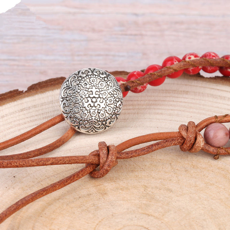 Bohemian Pink Coral Leather Beaded Bracelet