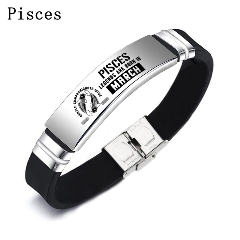 Engraved 12 Constellation Zodiac Sign Stainless Steel ID Bracelet Silicone Bangle