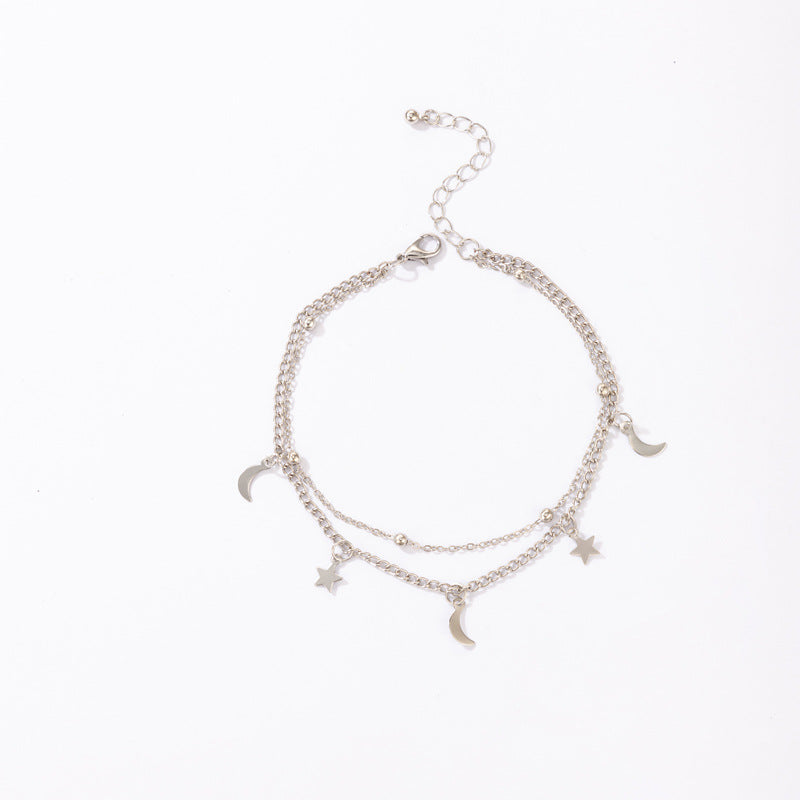 Frosty Wind Pentagram Moon Tassel Geometric 2 Layer Anklet