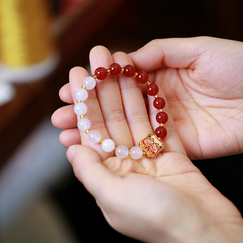 Women's Natural Double Spell Red White Agate Year Animal Bracelet
