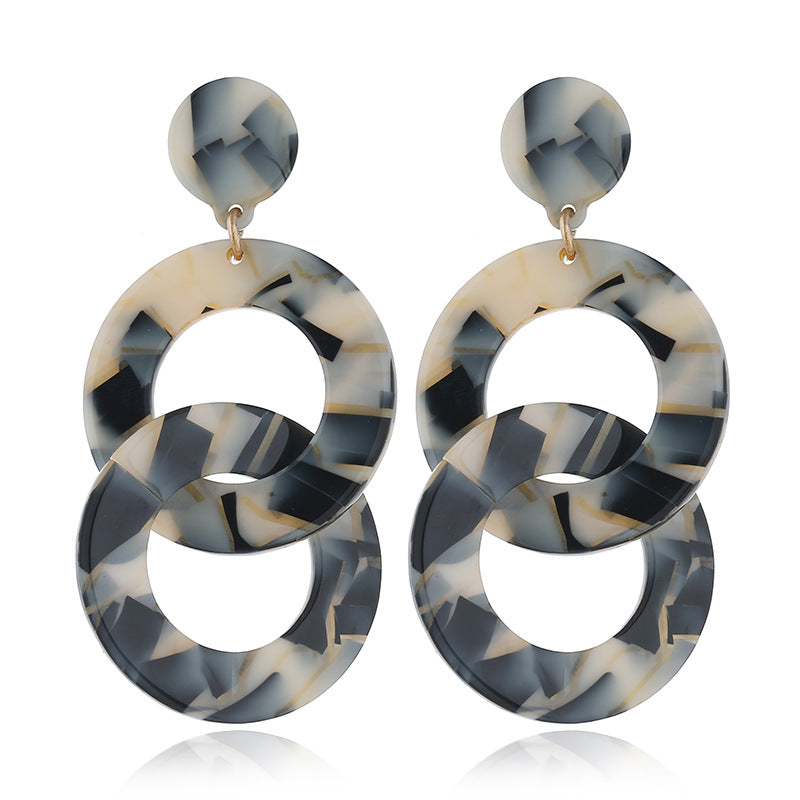 Long geometric double ring round earrings