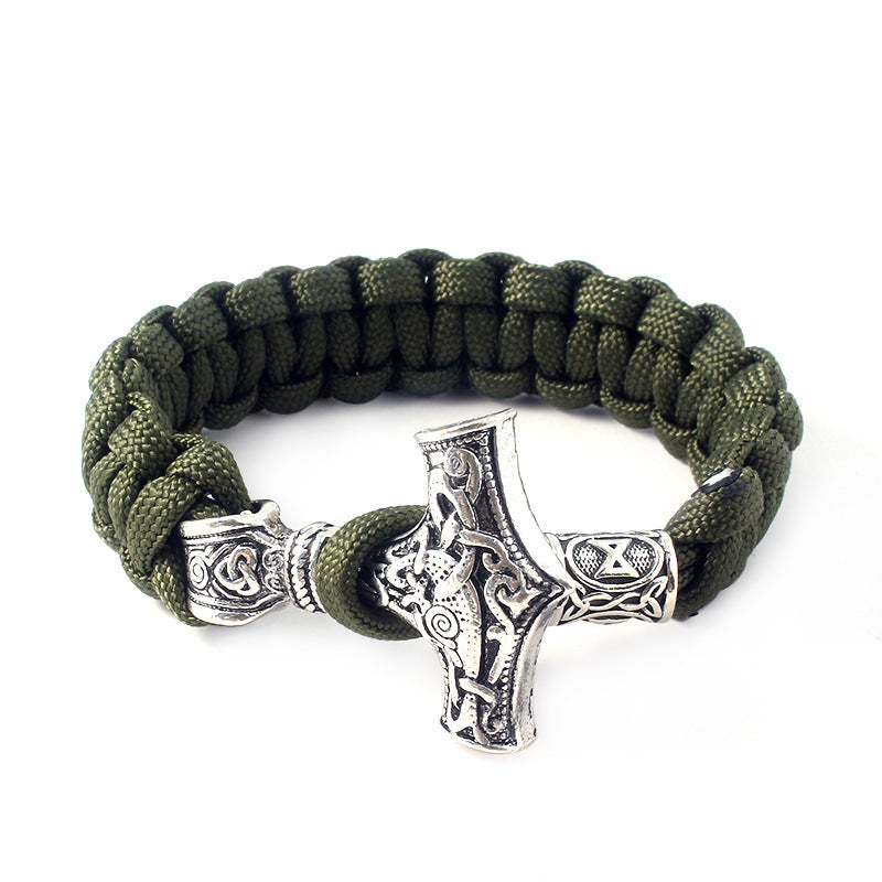 Vintage Metal Viking Thor's Hammer Camo Braided Bracelet