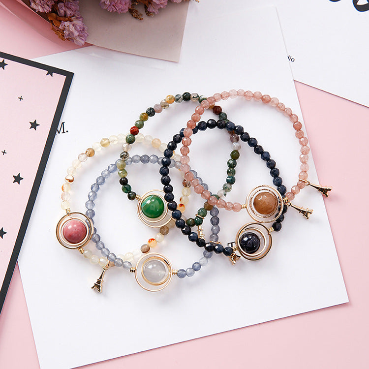 Women's Sweet Simple Hollow Geometric Round Crystal Beaded Bracelet With Tower Charm