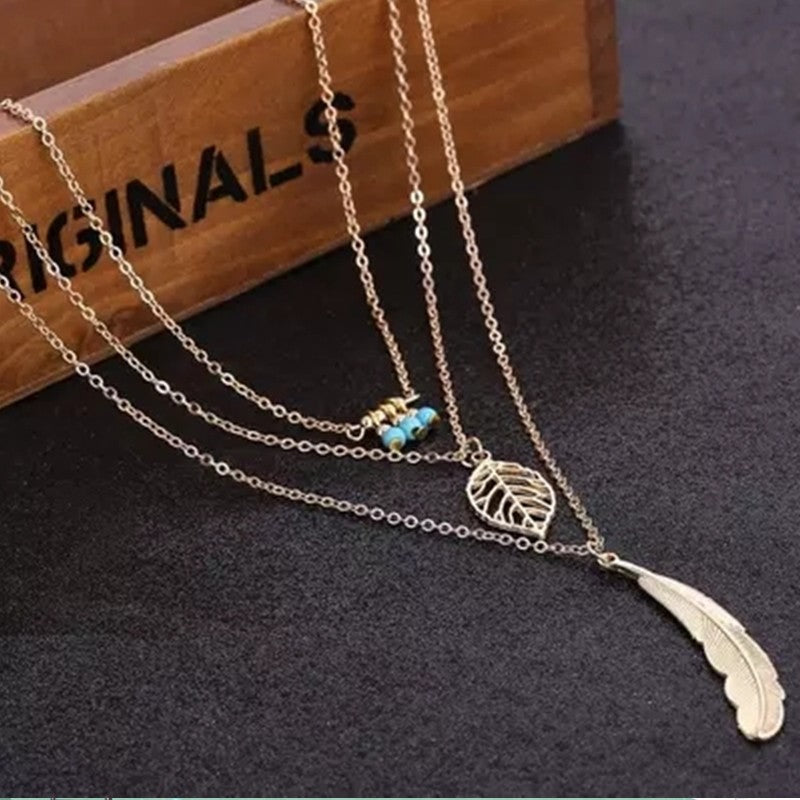 Gold Silver Chain Long Feather Necklace