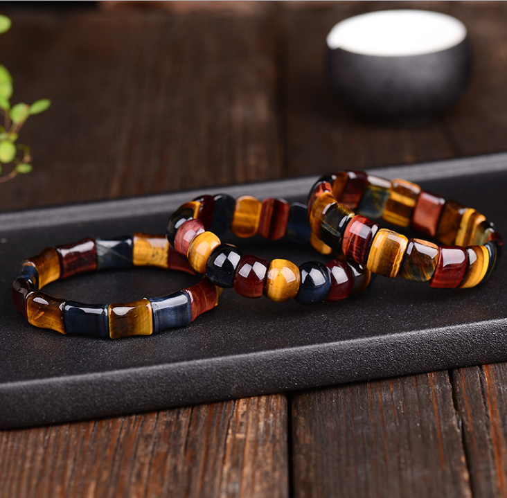 Natural Tiger Eye Stone Hand Row Bracelet - Red Yellow Blue