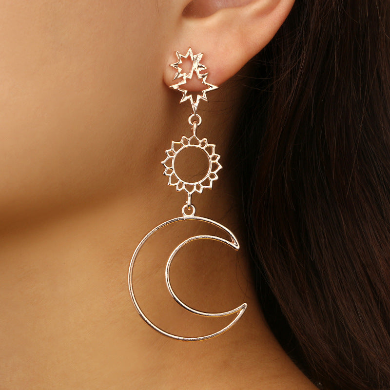 Pentagram Moon Alloy Asymmetric Sun Long Earrings