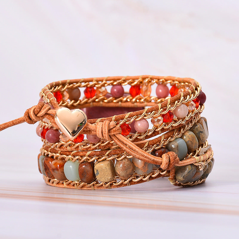 Natural Heart-Shaped Luxury Stone Winding Bracelet with Jasper Crystal