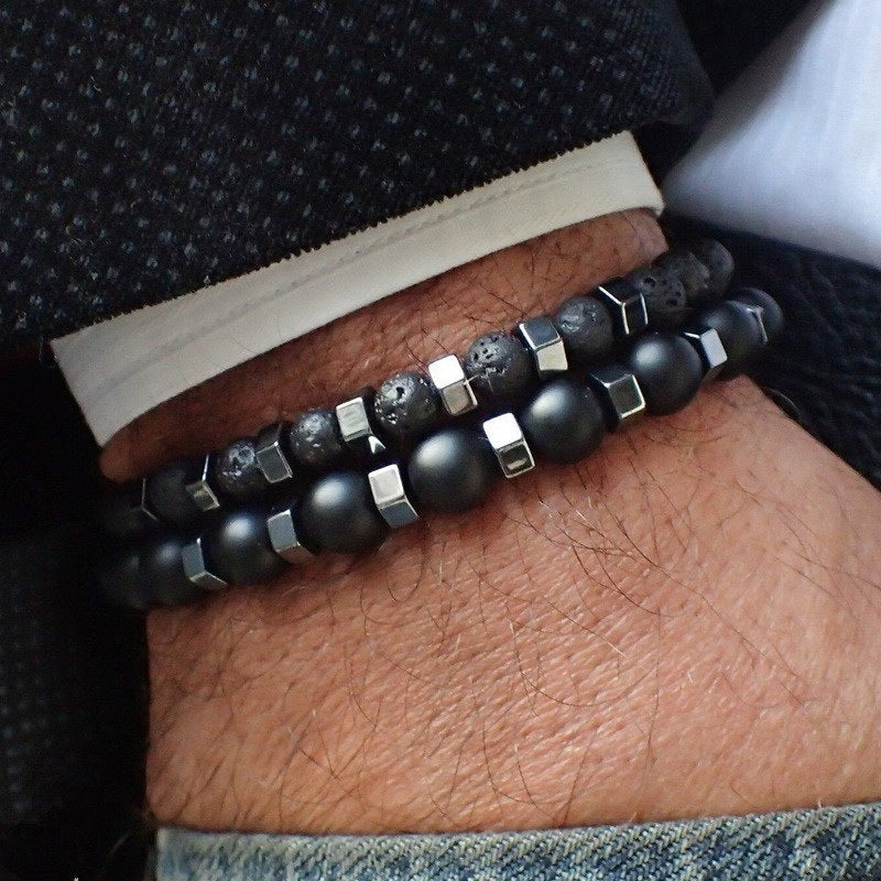 Men's Beaded Frosted & Volcanic Stone Bracelet
