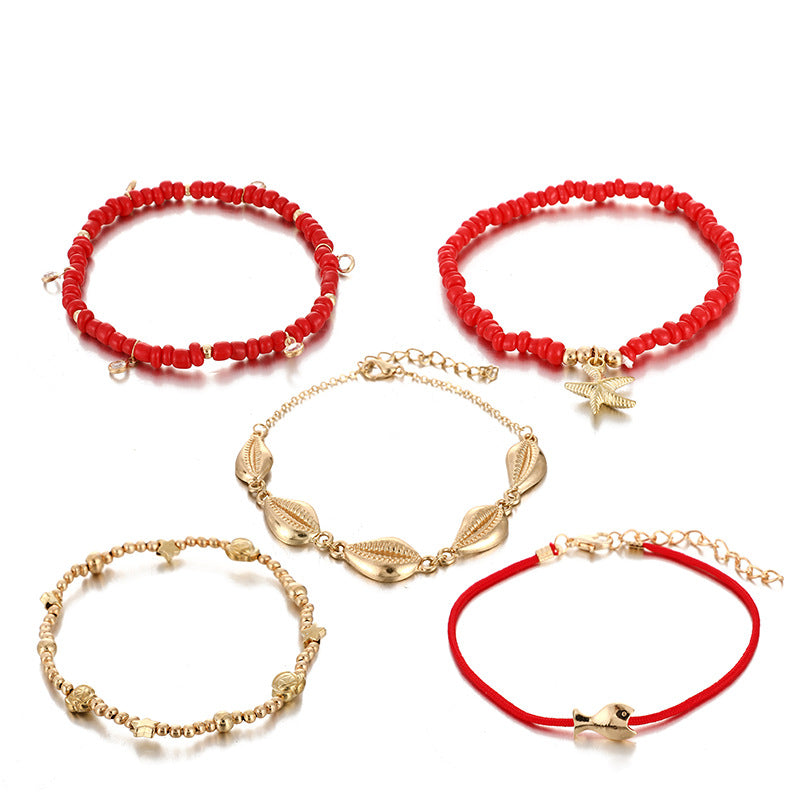 Red String Anklet Set Ethnic Style Shell Fish