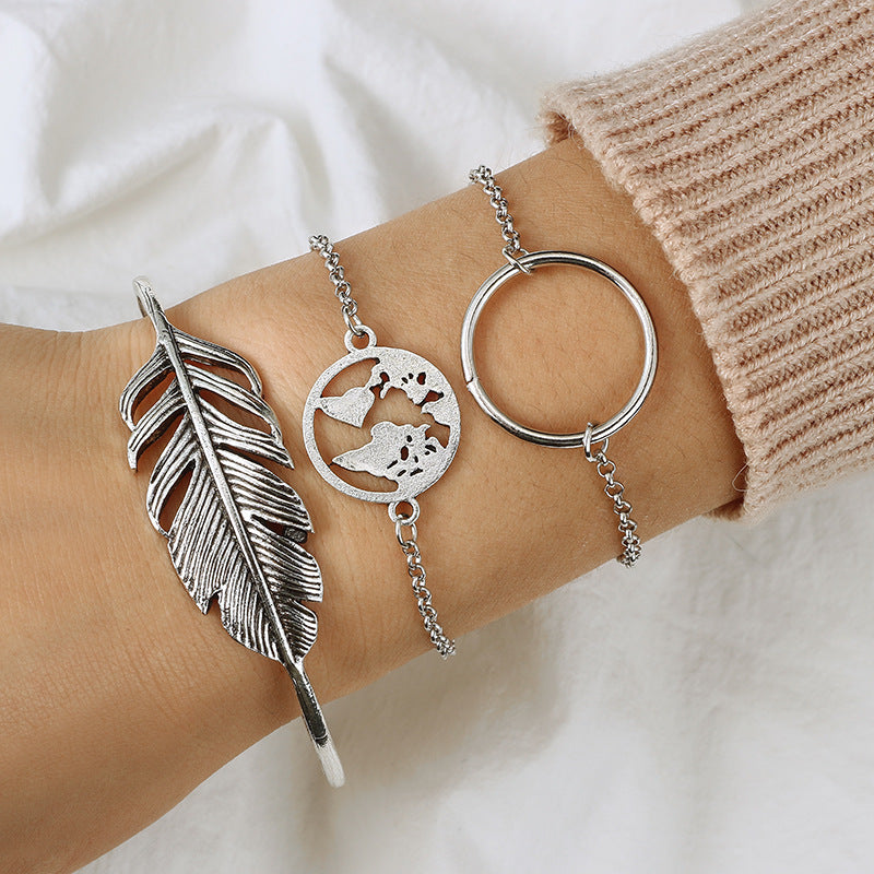 European and American cross-border jewelry New geometric smooth circle round map leaf bracelet bracelet three-piece