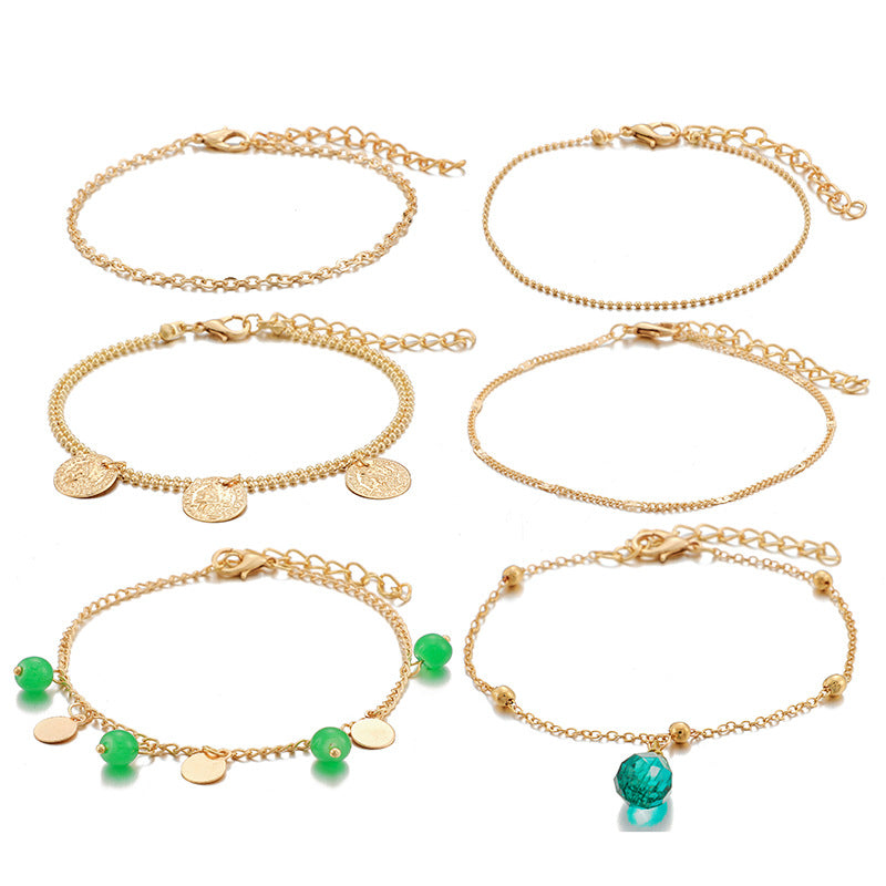 Bohemian Green Gemstone Tassel Disc Multilayer Bracelet