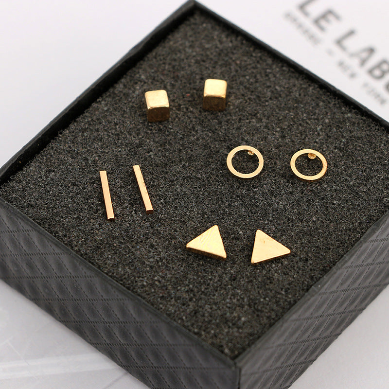 Europe and the United States simple wind geometric square triangle round word studs four-piece fashion combination four-piece earrings