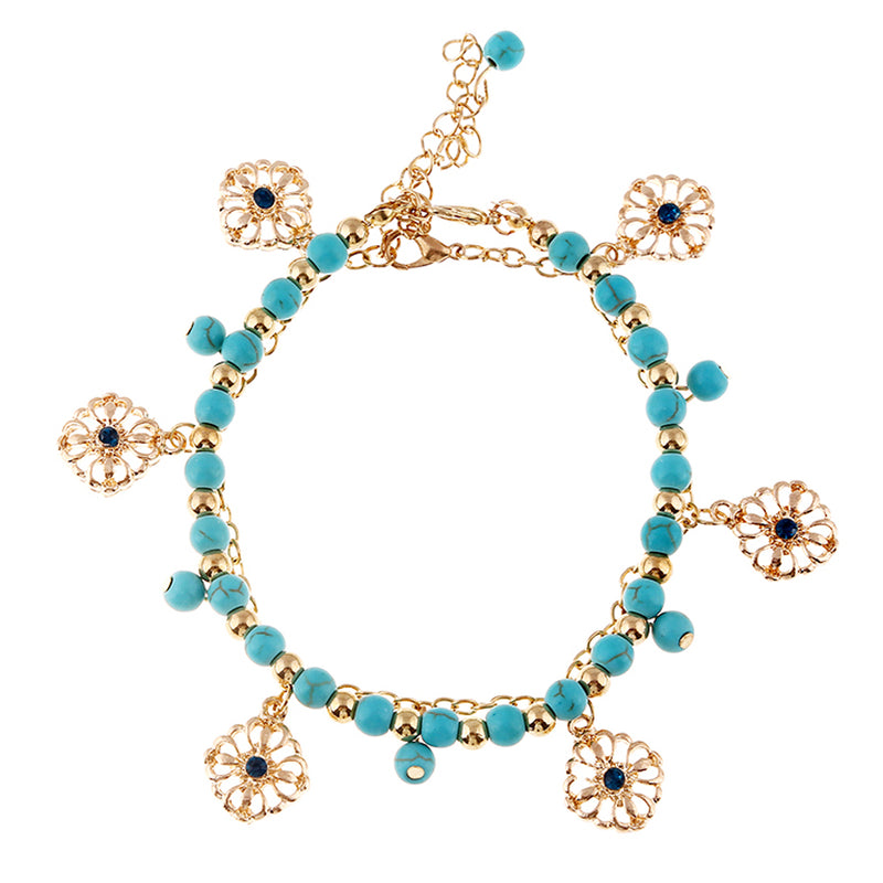 Turquoise Hollow Rose Flower Pendant Tassel Two-piece Combination Anklet