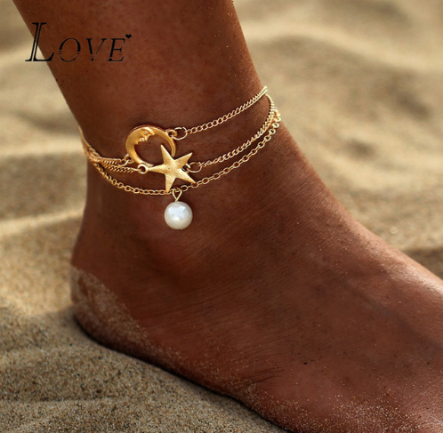 Bohemian Crystal Beads with Moon Pendant Anklet Set