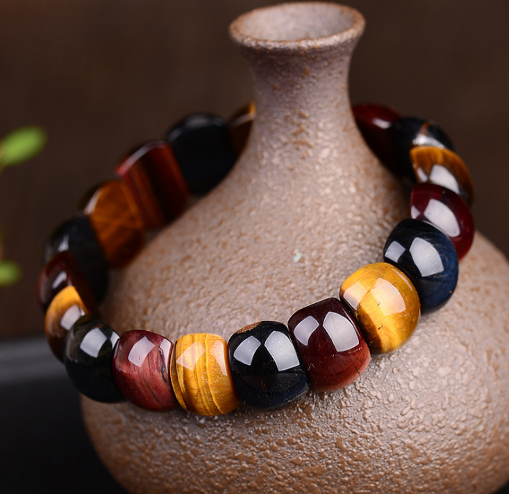 Natural Tiger Eye Stone Hand Row Bracelet - Red Yellow Blue