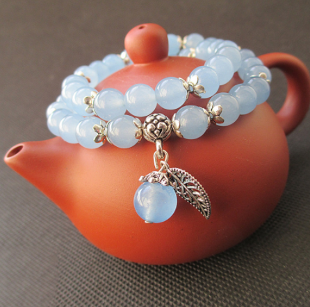 Pink chalcedony agate bracelet leaves