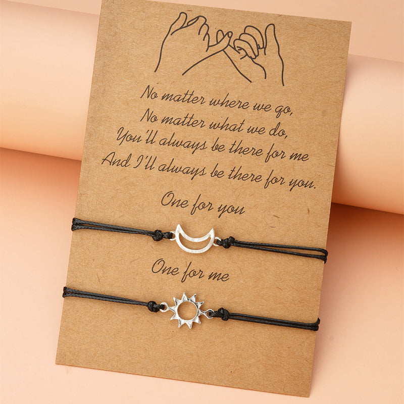 Simple Alloy Sun And Moon Wax Wire Weaving Adjustable Card Lovers Bracelet