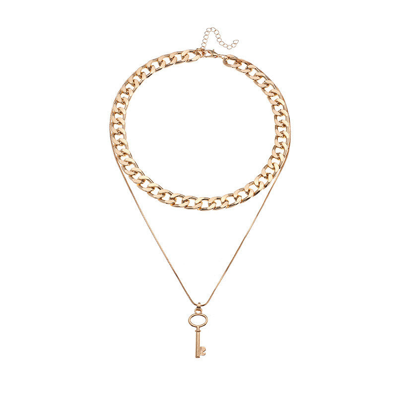 Simple Key Double-layer Necklace With Chain Metal Texture