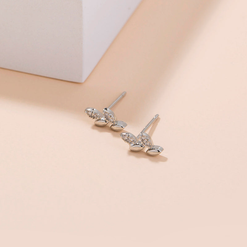 Small and versatile daily commuter double earrings micro-inlaid zircon leaf basic earrings