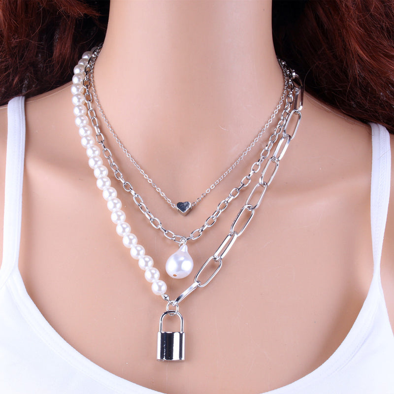 Baroque Pearl Small Lock Peach Heart Multilayer Necklace