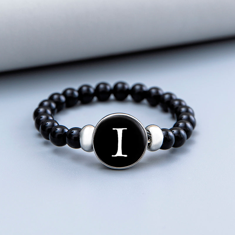 Letter Glass Snap Buttons Charm Bracelet Black Beads Bangles