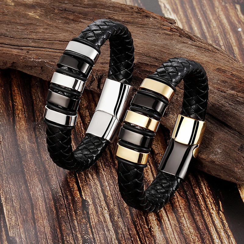 Leather Cord Bracelet Men's Stainless Steel Leather Woven Handmade Metal Leather Jewelry