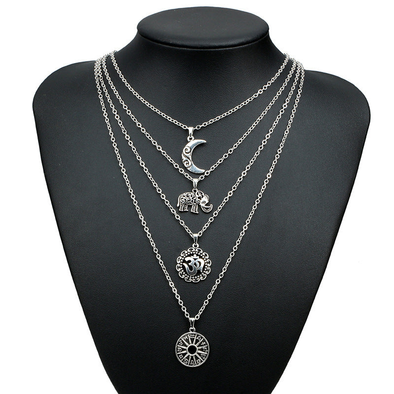 European and American exaggerated vintage alloy necklace Bohemian moon elephant pendant multi-layer choke sweater chain