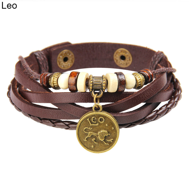 Newest Fashion Retro Astrological Sign Coin Lucky Charm Multi-layer Faux Leather Unisex Bracelet