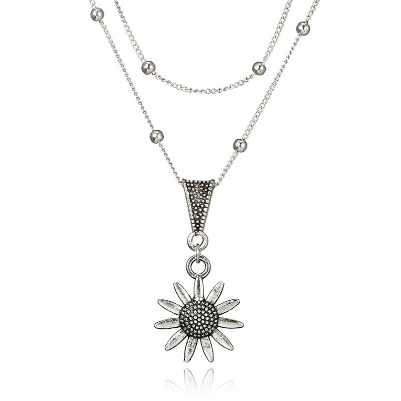 Alloy Sunflower Pendant Double Necklace Lady