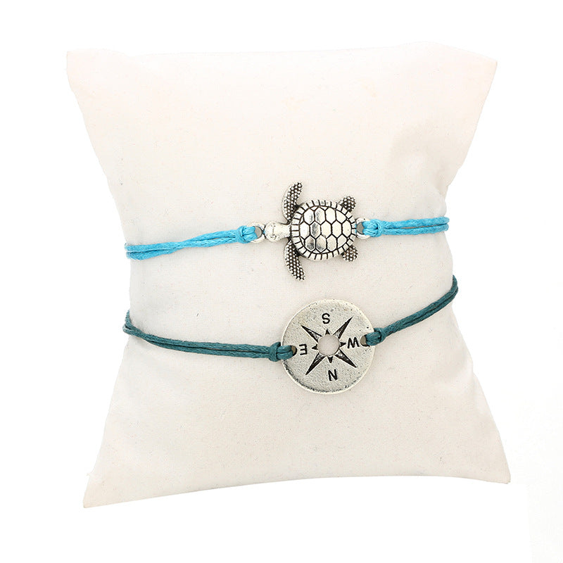 Beach Turtle Compass Handmade Double Round Bracelet