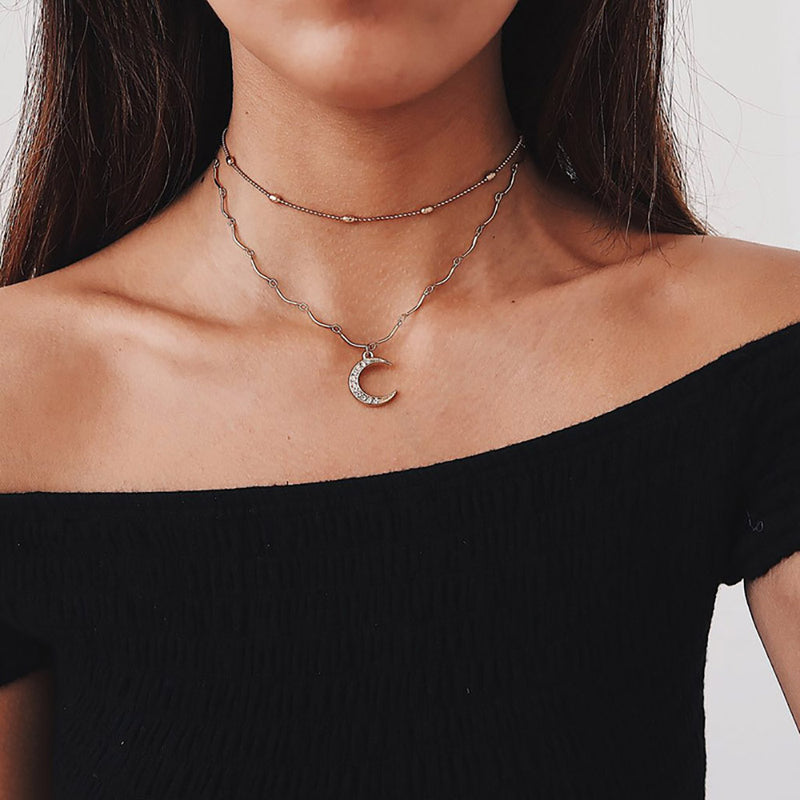 Double Chain Crystal Moon Choker Pendant Women