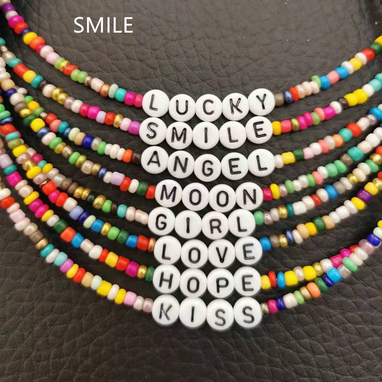 Boho Handmade Diy Rice Bead Necklace Letter Lucky Love Girl Choker Clavicular Chain Colorful Female Beach Collier Femme Jewelry