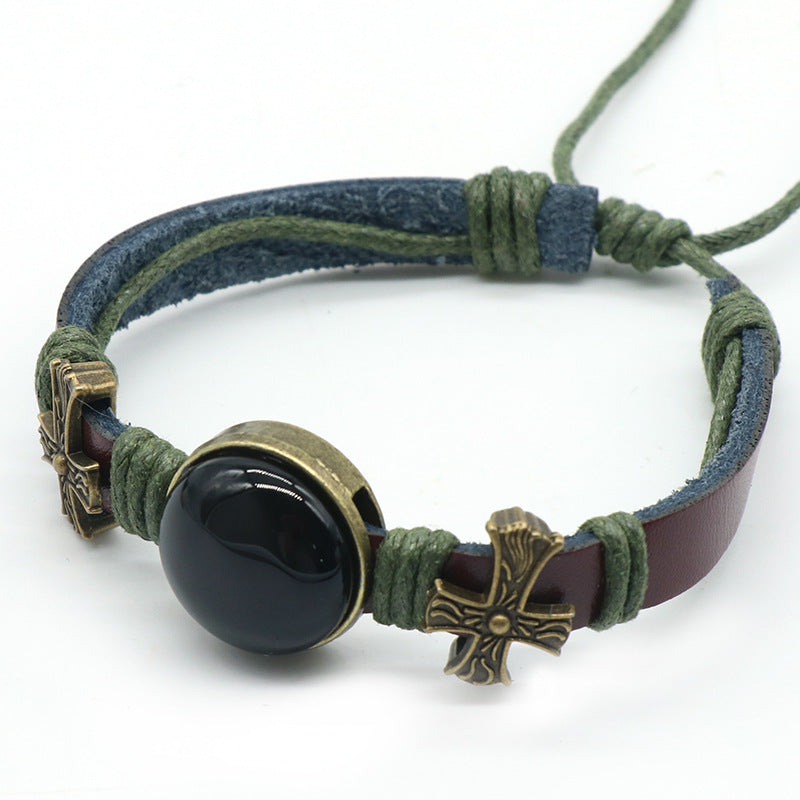 Crystal Agate Cowhide Cross Braided Bracelet