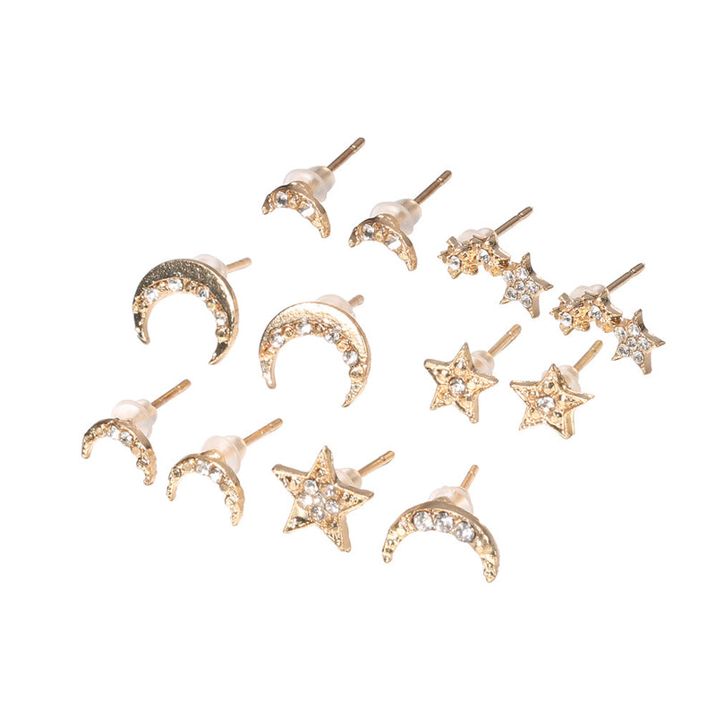 Stars And Moon With Diamonds 6 Pairs Of Stud Earrings