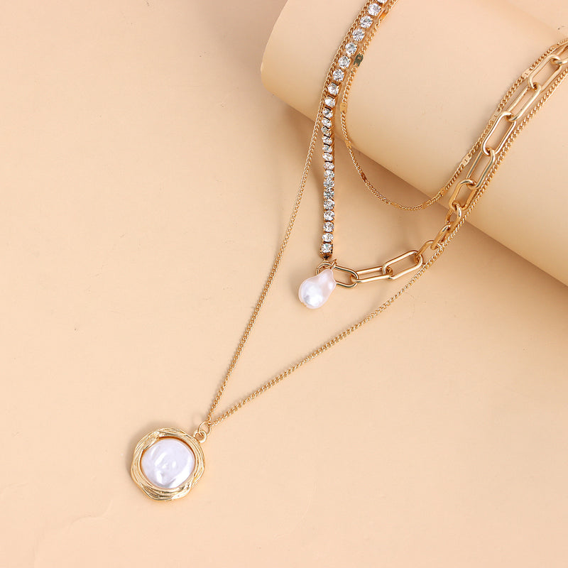 Jewelry Trend Multilayer Diamond Claw Chain Shaped Pearl Pendant Necklace