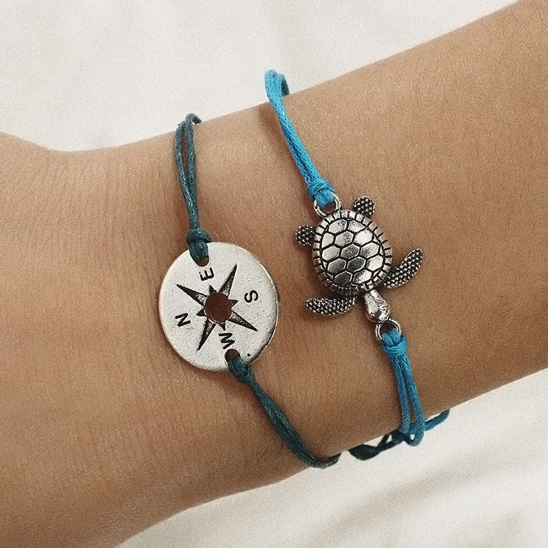 Beach Turtle Compass Handmade Double Round Bracelet