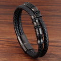 Black Leather Rope Cowhide Men's Double Layer Stainless Steel