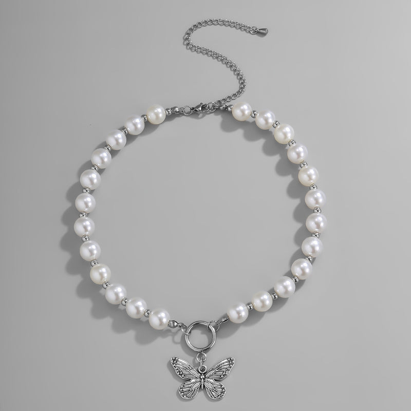 Temperament Pearl Alloy Butterfly Pendant Necklace