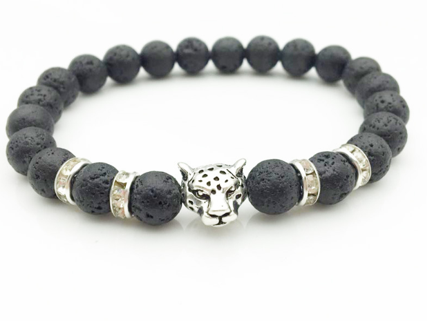 Natural Stone Lava Bead Handmade Bracelet with Leopard Head Pendant