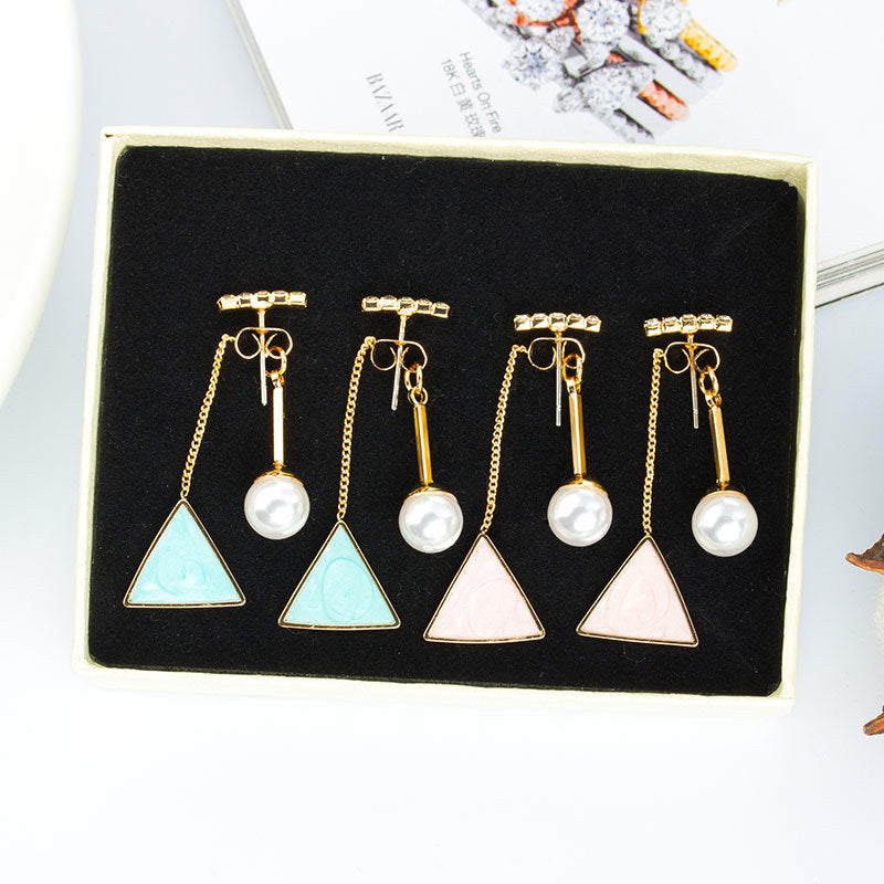 Korean Fashion Word Diamond Pearl Triangle Stud Earrings