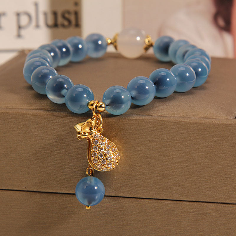 Natural Blue Agate Stone Crystal Money Bag Charm Bracelet