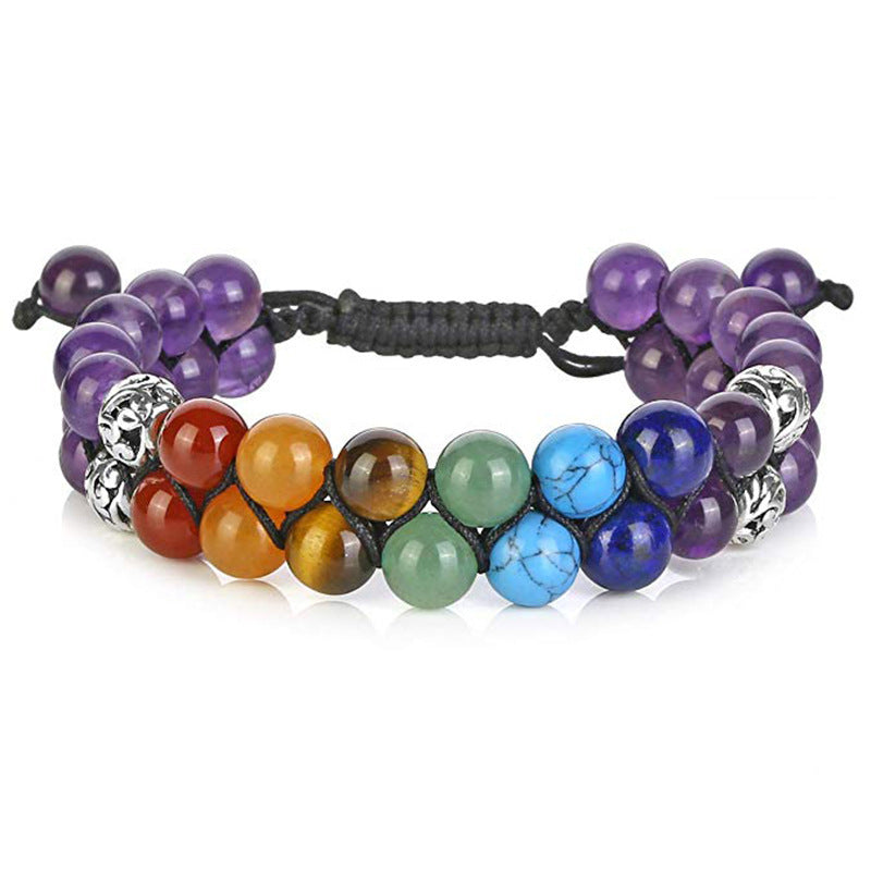 Seven Chakra Yoga Purple Volcanic Stone Woven Adjustable Double Bracelet
