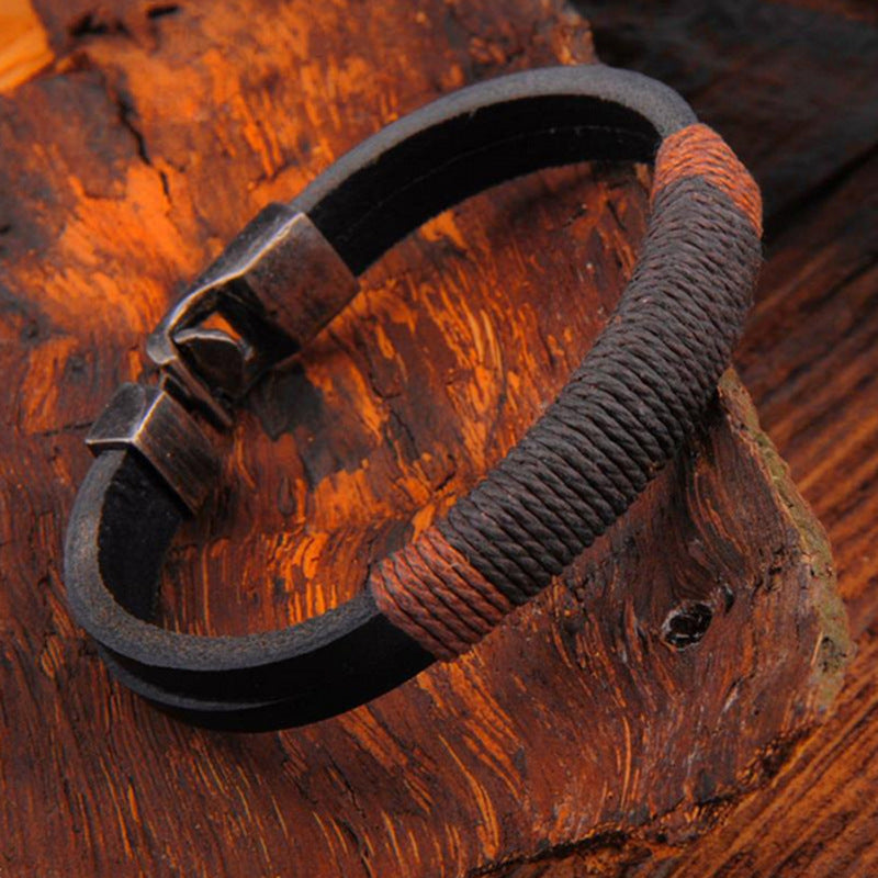 Vintage Trend Titanium Black Leather Hemp Rope Bracelet