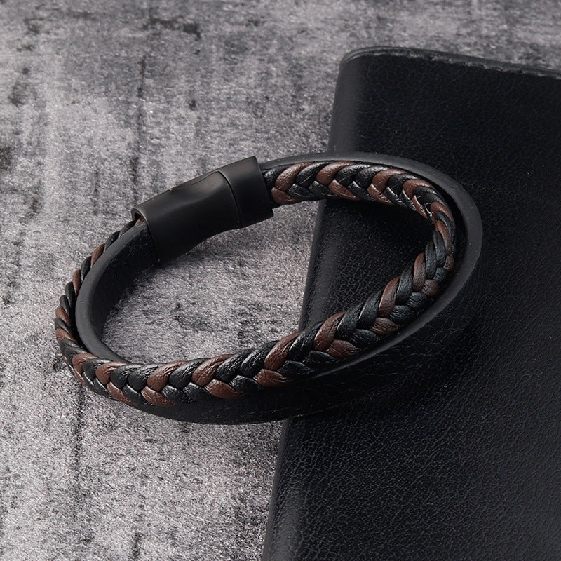 Leather Cord Stainless Steel Braided Bracelet Black Men